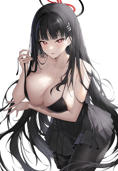 Anime picture 4500x6500 with blue archive rio (blue archive) jupo single tall image looking at viewer blush fringe highres breasts open mouth light erotic black hair simple background smile red eyes large breasts standing white background absurdres