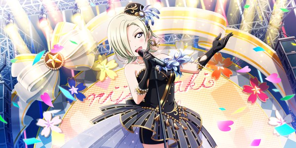 Anime picture 3600x1800 with love live! nijigasaki high school idol club love live! school idol festival all stars sunrise (studio) love live! mia taylor single looking at viewer blush fringe highres short hair open mouth blonde hair smile wide image standing purple eyes head tilt :d hair over one eye