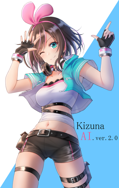 Anime picture 807x1271 with virtual youtuber a.i. channel kizuna ai kizuna ai (a.i. games) denpa (denpae29) single tall image looking at viewer blush fringe short hair breasts simple background smile brown hair standing cleavage head tilt one eye closed multicolored hair