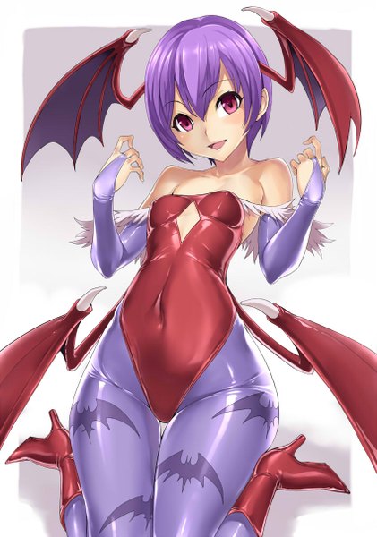 Anime picture 850x1210 with vampire / darkstalkers (game) capcom lilith aensland hakaba (dairiseki) single tall image blush short hair breasts light erotic smile bare shoulders purple hair pink eyes erect nipples covered nipples head wings girl pantyhose wings