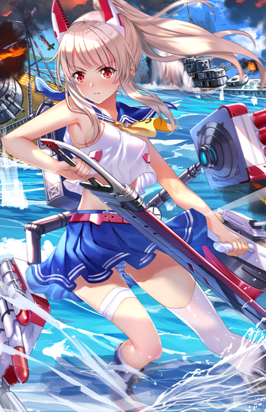 Anime picture 970x1500 with azur lane ayanami (azur lane) swordsouls single long hair tall image blush fringe breasts light erotic blonde hair red eyes holding payot sky cloud (clouds) outdoors ponytail blunt bangs pleated skirt