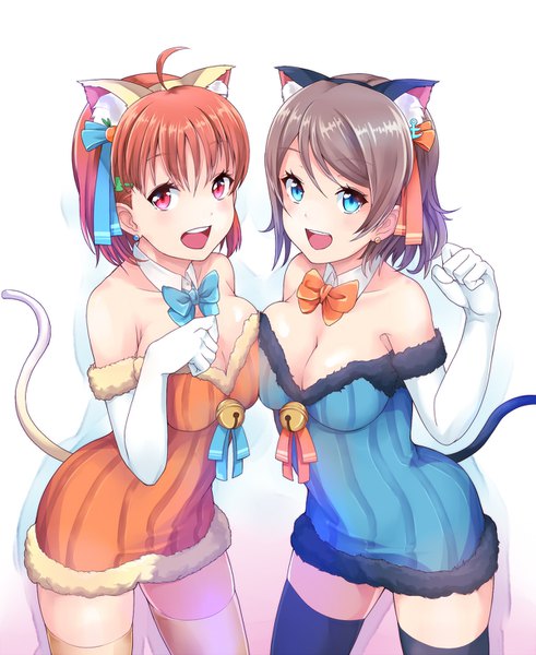 Anime picture 1200x1466 with love live! sunshine!! sunrise (studio) love live! watanabe you takami chika kanabun tall image looking at viewer blush short hair breasts open mouth blue eyes light erotic simple background large breasts white background multiple girls animal ears ahoge