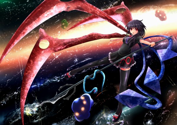 Anime picture 3541x2507 with touhou houjuu nue kantarou (nurumayutei) highres short hair black hair red eyes absurdres space girl thighhighs dress black thighhighs wings bowtie snake trident spacecraft ufo flying saucer
