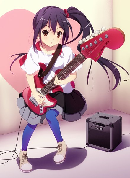 Anime picture 750x1023 with k-on! kyoto animation nakano azusa uehara yukihiko single long hair tall image brown eyes purple hair :o side ponytail girl thighhighs dress hair ornament boots hair tie guitar hair bobbles electric guitar