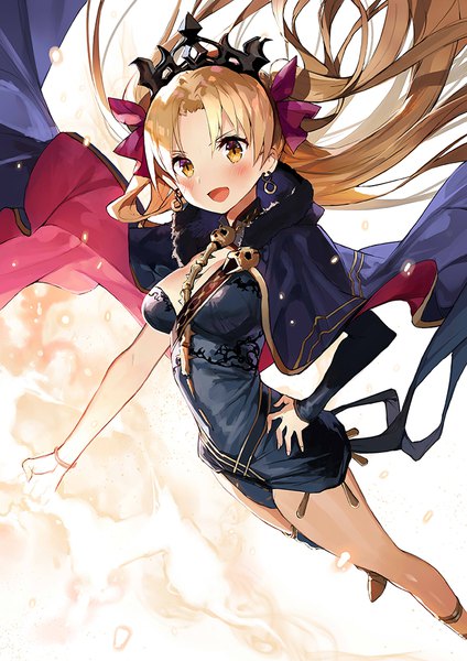 Anime picture 707x1000 with fate (series) fate/grand order ereshkigal (fate) gaou (umaiyo puyoman) single long hair tall image looking at viewer blush open mouth light erotic blonde hair yellow eyes cleavage wind two side up hand on hip outstretched arm girl bow