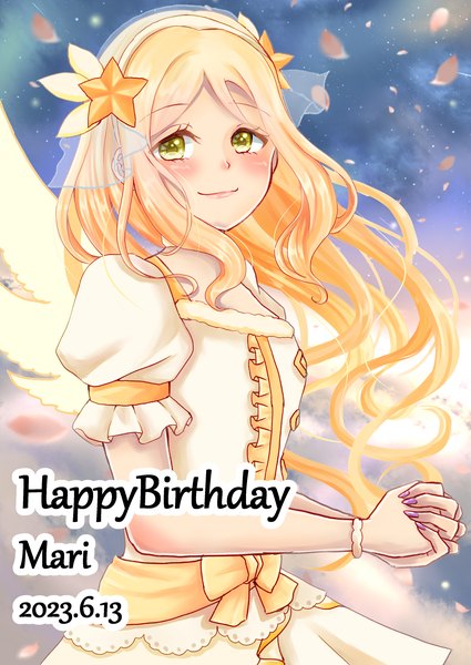 Anime picture 2508x3541 with love live! sunshine!! sunrise (studio) love live! ohara mari irumocan single long hair tall image looking at viewer blush highres blonde hair smile standing yellow eyes sky cloud (clouds) nail polish puffy sleeves character names