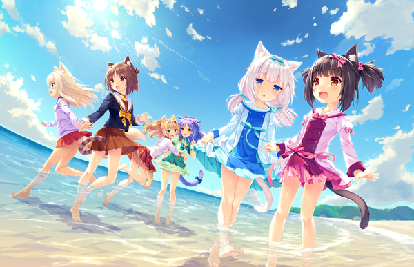 Anime picture 2370x1530 with neko paradise neko works (studio) vanilla (nekopara) chocola (nekopara) coconut (sayori) maple (sayori) cinnamon (sayori) azuki (sayori) sayori long hair blush highres short hair open mouth blue eyes black hair blonde hair brown hair twintails multiple girls