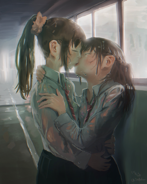 Anime picture 1600x2000 with original itodome long hair tall image blush light erotic black hair multiple girls ponytail eyes closed hug shoujo ai wet clothes kiss girl uniform 2 girls school uniform shirt necktie