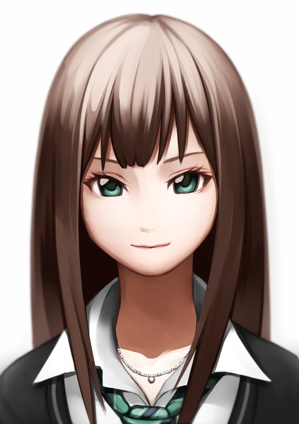 Anime picture 565x800 with idolmaster idolmaster cinderella girls shibuya rin bon-da single long hair tall image looking at viewer fringe simple background smile brown hair white background green eyes open collar girl uniform school uniform shirt necktie