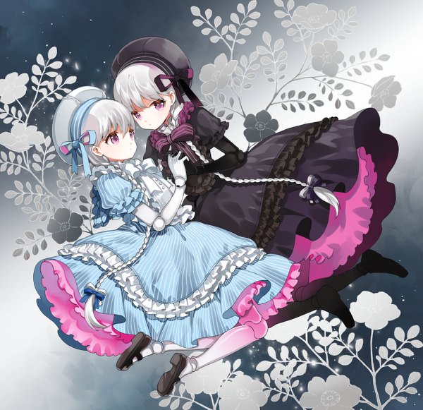 Anime picture 1200x1162 with fate (series) fate/extra nursery rhyme (fate/extra) alice (fate/extra) shiosoda long hair looking at viewer fringe blonde hair simple background purple eyes multiple girls bent knee (knees) white hair braid (braids) loli puffy sleeves holding hands frilled dress twins