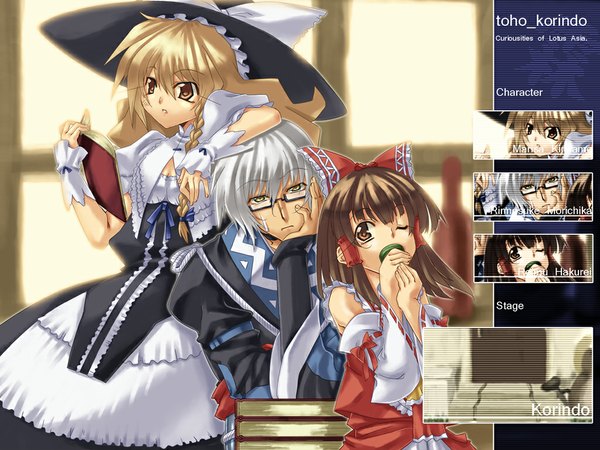 Anime picture 1024x768 with touhou hakurei reimu kirisame marisa morichika rinnosuke uemuki multiple girls girl boy 2 girls