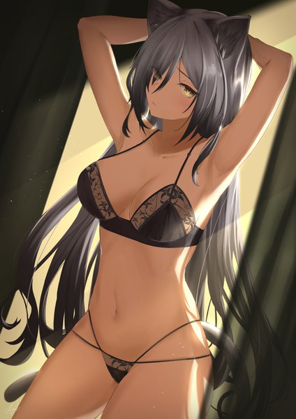 Anime picture 781x1105 with arknights schwarz (arknights) nev (nevblindarts) single long hair tall image looking at viewer blush fringe breasts light erotic hair between eyes standing animal ears yellow eyes indoors tail animal tail grey hair blurry