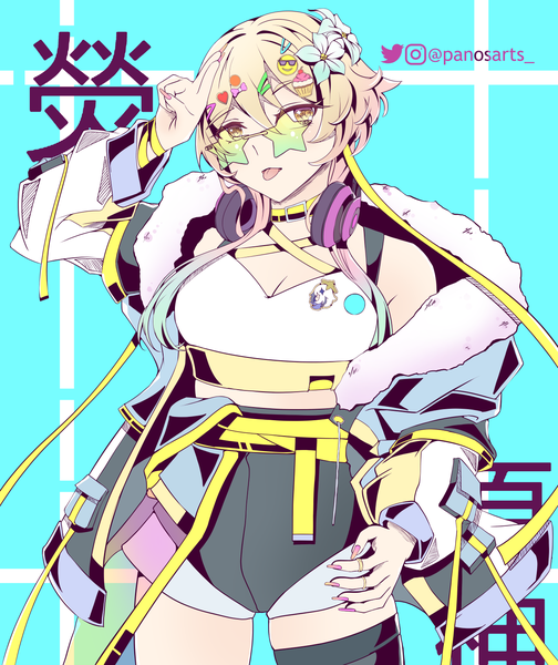 Anime picture 1260x1500 with genshin impact lumine (genshin impact) paimon (genshin impact) panos (ssgpanos) single tall image fringe short hair light erotic blonde hair hair between eyes standing signed yellow eyes cleavage upper body nail polish hair flower fingernails open jacket