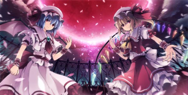 Anime picture 1280x651 with touhou flandre scarlet remilia scarlet 6u (eternal land) short hair blonde hair red eyes wide image multiple girls blue hair cloud (clouds) red moon girl dress skirt 2 girls petals wings frills bonnet