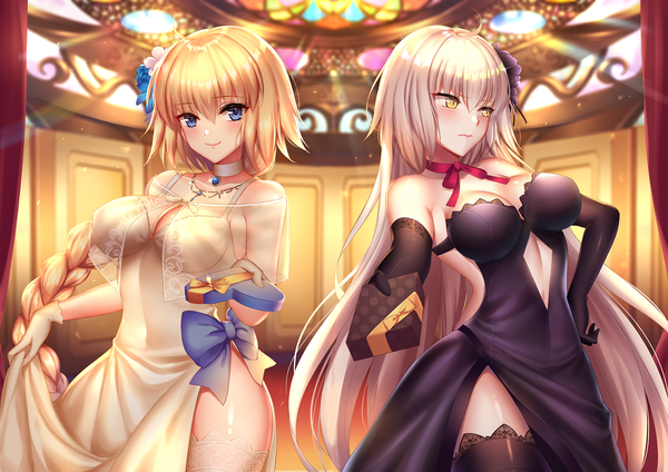 Anime picture 1134x802 with fate (series) fate/grand order jeanne d'arc (fate) (all) jeanne d'arc alter (fate) jeanne d'arc (fate) mallizmora long hair looking at viewer blush fringe breasts light erotic blonde hair hair between eyes large breasts standing bare shoulders multiple girls looking away cleavage