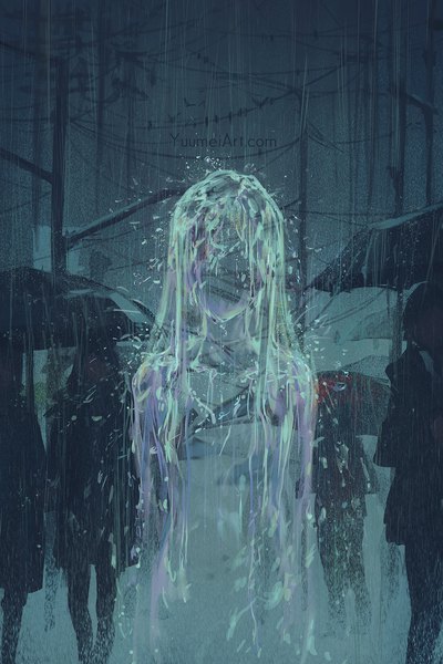 Anime picture 1080x1620 with original yuumei long hair tall image standing signed outdoors rain transparent invisible girl umbrella water drop people pole telephone pole