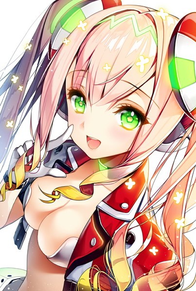 Anime picture 715x1063 with original cherrypin single long hair tall image looking at viewer breasts open mouth light erotic green eyes pink hair girl gloves hair ornament flower (flowers)