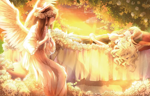 Anime picture 2764x1772 with touhou hakurei reimu kirisame marisa 3000 xiao chun long hair highres blue eyes blonde hair brown hair sitting multiple girls lying eyes closed profile girl dress flower (flowers) 2 girls wings wreath