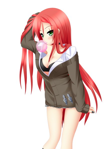 Anime picture 1072x1500 with league of legends katarina (league of legends) yoye (pastel white) single long hair tall image blush light erotic white background green eyes red hair open clothes open shirt legs scar girl choker sweater bubblegum