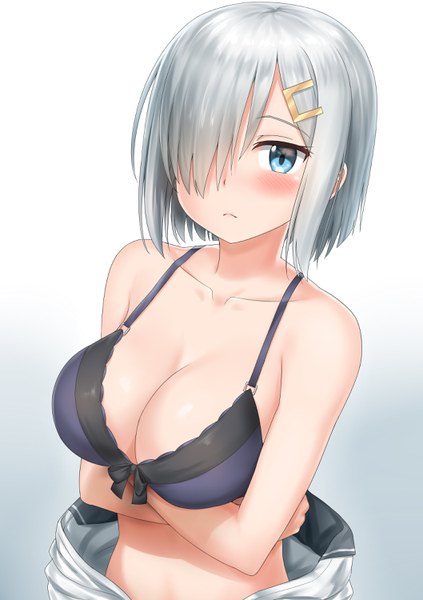 Anime picture 2113x3000 with kantai collection hamakaze destroyer nedia (nedia region) single tall image looking at viewer blush fringe highres short hair breasts blue eyes light erotic simple background silver hair upper body hair over one eye gradient background crossed arms girl