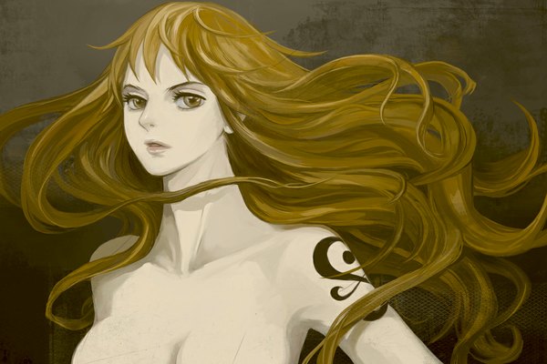 Anime picture 1000x667 with one piece toei animation nami (one piece) koga single long hair looking at viewer breasts light erotic brown hair large breasts brown eyes wind grey background no bra tattoo girl