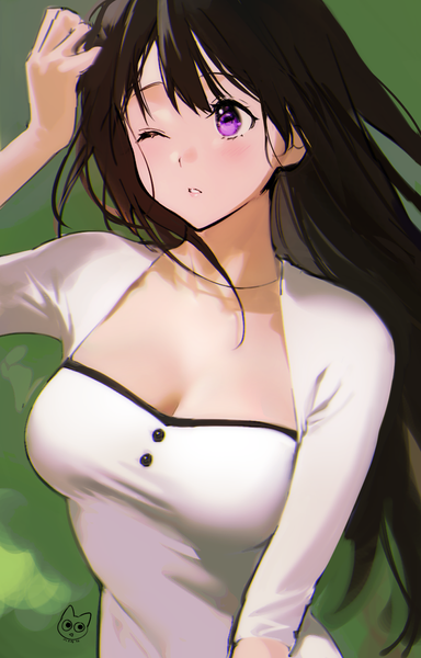 Anime picture 983x1536 with hyouka kyoto animation chitanda eru mery (yangmalgage) single long hair tall image blush fringe breasts black hair purple eyes signed looking away cleavage upper body parted lips arm up wind girl