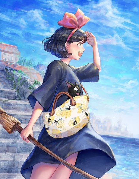 Anime picture 700x899 with kiki's delivery service studio ghibli kiki jiji kankito single tall image blush fringe short hair open mouth black hair smile standing holding looking away sky cloud (clouds) outdoors :d