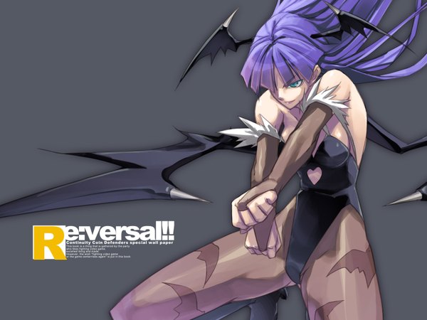 Anime picture 1600x1200 with vampire / darkstalkers (game) capcom morrigan aensland shingo (missing link) long hair highres purple hair wallpaper demon girl head wings succubus ranguage engrish girl pantyhose wings