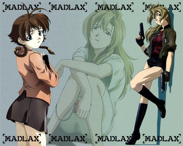 Anime picture 1280x1024 with madlax madlax (character) margaret burton long hair looking at viewer fringe blue eyes hair between eyes brown hair standing multiple girls holding braid (braids) open jacket shadow wallpaper copyright name twin braids standing on one leg third-party edit