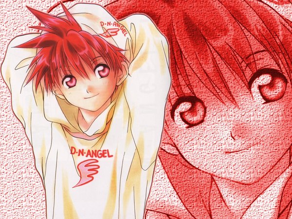 Anime picture 1024x768 with d.n.angel xebec niwa daisuke single fringe short hair smile hair between eyes red eyes upper body red hair light smile wallpaper copyright name arms behind head third-party edit zoom layer clothes writing boy hood