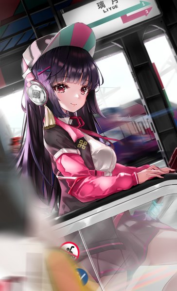 Anime picture 1713x2826 with genshin impact yun jin (genshin impact) scup single long hair tall image fringe highres black hair smile red eyes payot looking away blunt bangs adapted costume girl hair ornament headphones bobby pin x hair ornament