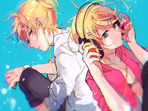 Anime picture 1300x975 with vocaloid kagamine rin kagamine len makoji (yomogi) short hair blonde hair nail polish profile looking back grey eyes blue background siblings twins back to back brother and sister hand on headphones girl boy headphones hairclip