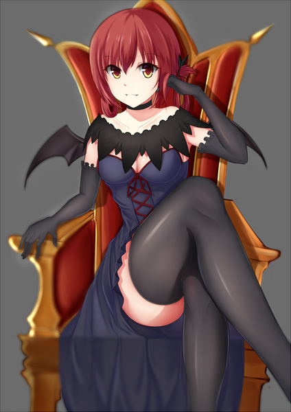 Anime picture 707x1000 with gabriel dropout doga kobo satanichia kurumizawa mcdowell xiao long o single long hair tall image looking at viewer fringe breasts light erotic simple background smile hair between eyes sitting yellow eyes red hair parted lips zettai ryouiki crossed legs