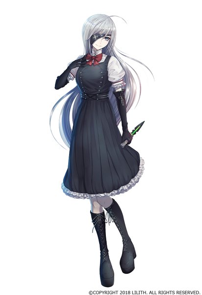 Anime picture 687x1001 with taimanin rpgx taimanin (series) miranda closet k-suwabe single long hair tall image simple background white background looking away silver hair full body ahoge official art lacing silver eyes girl gloves weapon black gloves