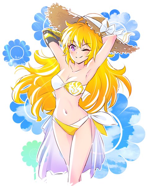 Anime picture 1600x2023 with rwby rooster teeth yang xiao long iesupa single long hair tall image looking at viewer breasts light erotic blonde hair simple background smile purple eyes sky cleavage one eye closed arms up armpit (armpits) floral background