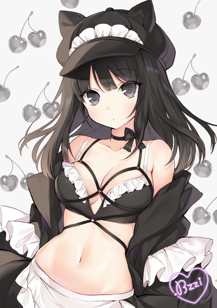 Anime picture 707x1000 with original byulzzimon single long hair tall image looking at viewer blush fringe light erotic black hair simple background bare shoulders signed animal ears upper body long sleeves black eyes cat ears off shoulder bare belly