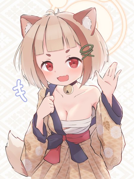 Anime picture 1536x2048 with blue archive arata (blue archive) karupa (karupapon) single tall image looking at viewer short hair breasts open mouth light erotic blonde hair red eyes large breasts animal ears tail traditional clothes :d japanese clothes animal tail multicolored hair