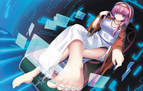 Anime picture 2150x1378 with vocaloid megurine luka single long hair highres breasts blue eyes light erotic sitting pink hair nail polish barefoot girl dress bracelet hairband white dress necklace