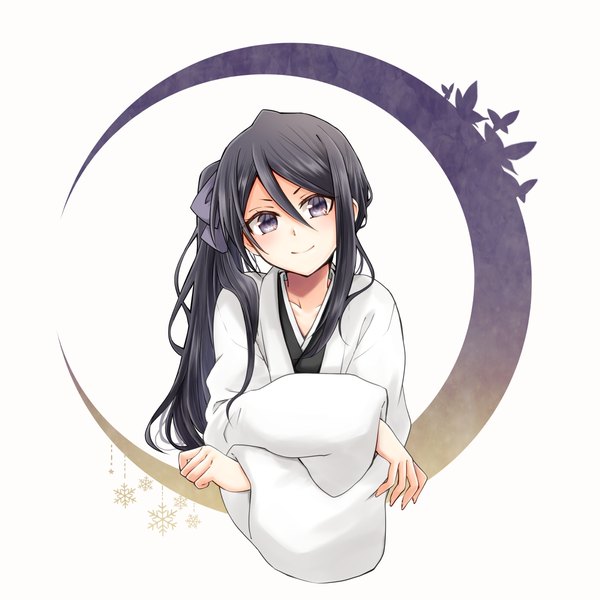 Anime picture 1200x1200 with bleach studio pierrot kuchiki rukia shinga single long hair looking at viewer fringe black hair simple background smile hair between eyes white background upper body long sleeves traditional clothes head tilt japanese clothes black eyes side ponytail