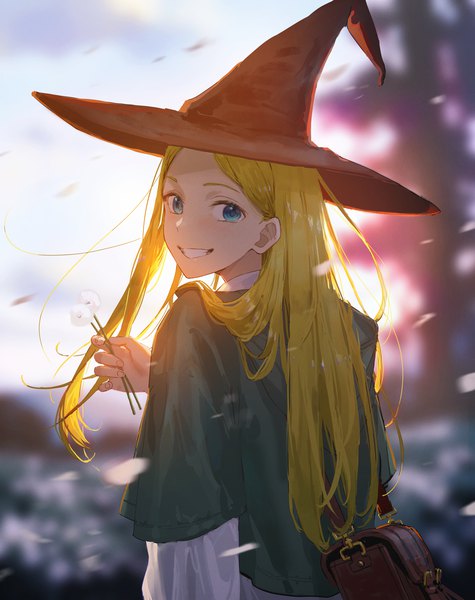 Anime picture 2500x3158 with original omegu single long hair tall image looking at viewer highres blue eyes blonde hair smile upper body looking back from behind grin girl flower (flowers) hat witch hat dandelion