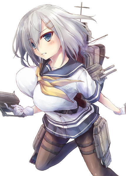 Anime picture 863x1207 with kantai collection hamakaze destroyer suien single tall image looking at viewer blush short hair breasts blue eyes light erotic simple background large breasts white background silver hair running girl skirt gloves hair ornament