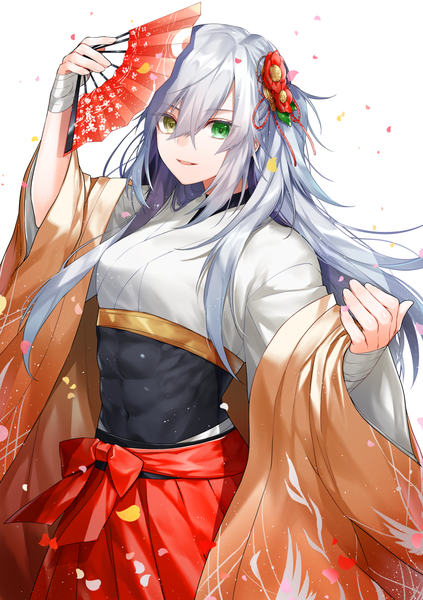 Anime picture 900x1275 with original dodome ichika waka (shark waka) single long hair tall image looking at viewer fringe breasts open mouth simple background hair between eyes standing white background holding green eyes yellow eyes payot silver hair long sleeves