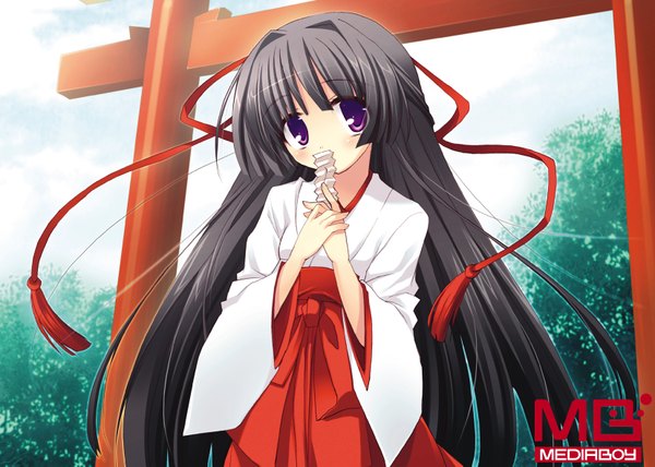 Anime picture 1654x1181 with long hair black hair purple eyes miko girl