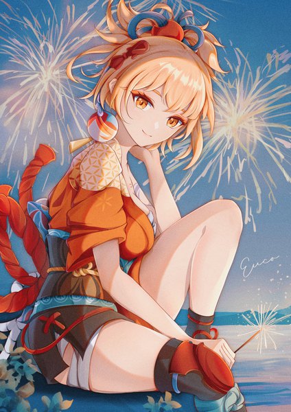 Anime picture 1240x1754 with genshin impact yoimiya (genshin impact) wuke euco single tall image looking at viewer fringe short hair breasts blonde hair smile hair between eyes sitting holding signed yellow eyes sky cloud (clouds) bent knee (knees) outdoors