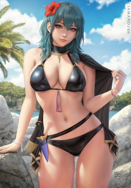 Anime picture 2090x3000 with fire emblem fire emblem: three houses nintendo byleth (fire emblem) byleth (female) (fire emblem) byleth (summer) (fire emblem) (female) sciamano240 single long hair tall image looking at viewer fringe highres breasts blue eyes light erotic smile hair between eyes large breasts standing