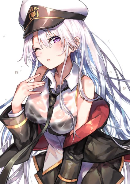 Anime picture 1415x2000 with azur lane enterprise (azur lane) denchu (kazudentyu) single long hair tall image looking at viewer blush fringe breasts open mouth light erotic simple background standing white background purple eyes bare shoulders payot silver hair one eye closed