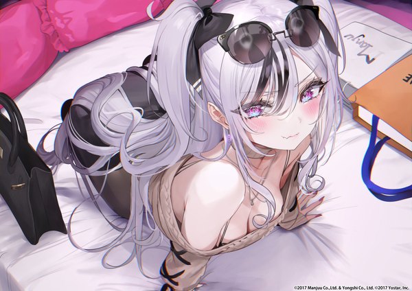 Anime picture 1000x707 with azur lane elbe (azur lane) elbe (pure-hearted bad girl) (azur lane) nekometaru single long hair looking at viewer blush fringe breasts light erotic hair between eyes silver hair nail polish pink eyes multicolored hair fingernails from above off shoulder two side up