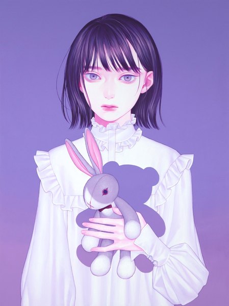 Anime picture 1534x2048 with original konno mayumi tall image fringe short hair black hair simple background purple eyes upper body long sleeves fingernails lips realistic puffy sleeves expressionless purple background traditional media toy stuffed animal stuffed toy