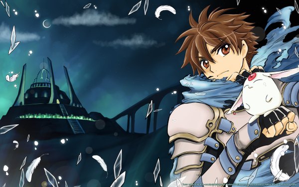 Anime picture 2560x1600 with tsubasa reservoir chronicle clamp syaoran mokona single looking at viewer highres short hair brown hair wide image brown eyes sky cloud (clouds) boy animal scarf armor fingerless gloves feather (feathers) stairs