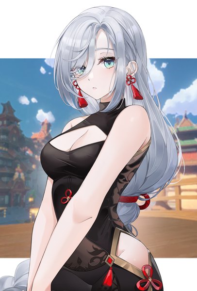 Anime picture 2431x3593 with genshin impact shenhe (genshin impact) lebring single long hair tall image looking at viewer blush fringe highres breasts large breasts standing bare shoulders sky cleavage silver hair cloud (clouds) aqua eyes blurry